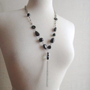 NWOT Artisan Long Black and Silver Lariat Tassel Y Necklace